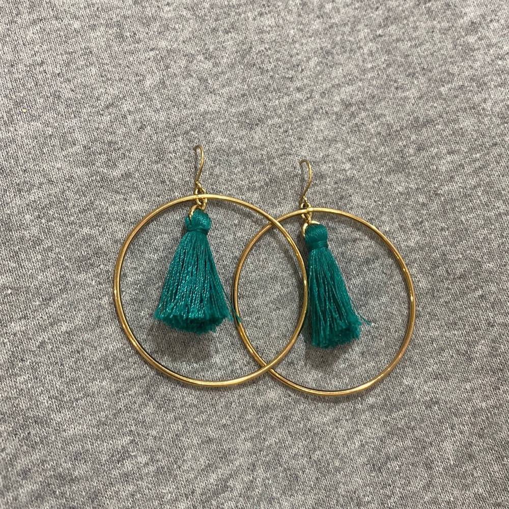 Green tassel hoop earrings